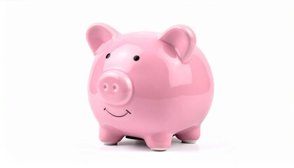 Render a glossy pink piggy bank with a smiling face and coin slot on top, standing on a clean white surface against a white background, emphasizing savings, financial literacy, and playful design.