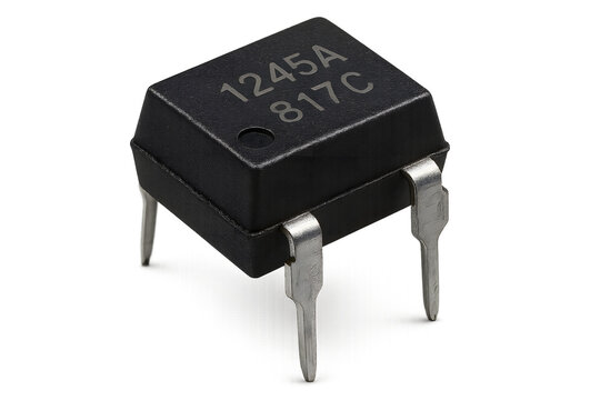 Close-Up Macro Shot of Electronic Optocoupler Integrated Circuit Chip with Metal Pins &mdash; Black Plastic DIP Package for Electrical Isolation in Power Supply, Automation, and Circuit Design