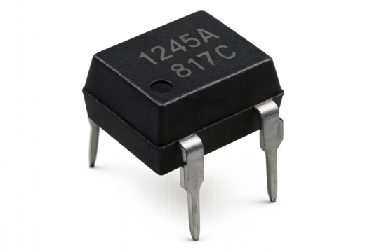 Close-Up Macro Shot of Electronic Optocoupler Integrated Circuit Chip with Metal Pins — Black Plastic DIP Package for Electrical Isolation in Power Supply, Automation, and Circuit Design