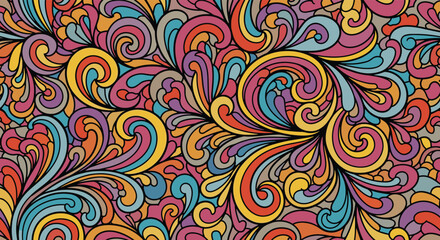 A vibrant abstract pattern with swirling floral motifs and psychedelic colors.