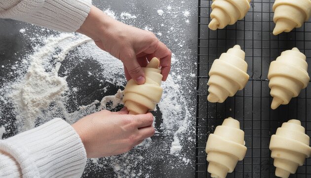 Woman is shaping layered yeast-leavened dough into crescent rolls to bake French croissants. freshly baked golden brown delicious hot croissants are cooling on table, view from above.