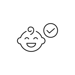 Smiling baby boy and checkmark. Children products safety and healthcare. Approved for babies. Pixel perfect, editable stroke vector icon
