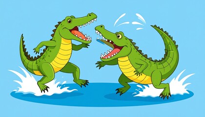 Obraz premium Playful crocodiles splashing in water