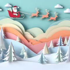 Santa's sleigh soars through a pastel winter wonderland
