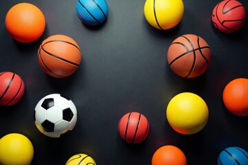 Vibrant Collection of Sports Balls and Equipment in Dynamic Overhead Shot on Black Surface