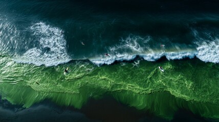 Aerial view of surfers riding green ocean waves. Artificial intelligence image