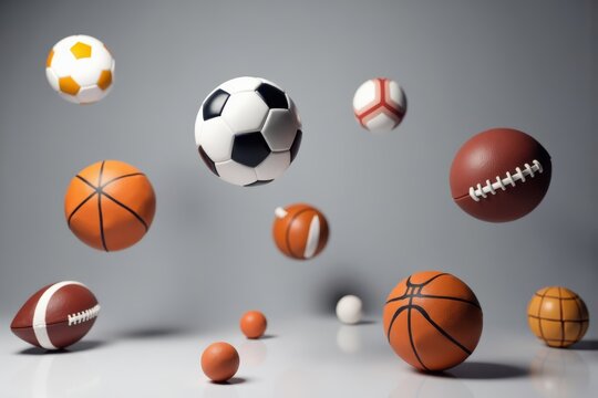 Surreal Artistic Composition: Floating Sports Balls and Equipment on Seamless Gray Gradient Surface