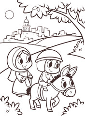 Naklejka premium line art joseph leading mary on a donkey as they a.eps