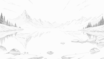 Fototapeta premium Black and white coloring page of a serene mountain landscape featuring a lake and trees