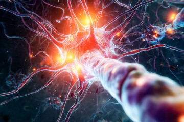 Scientific 3D visualization of a neuron with glowing synaptic activity in the central nervous system. Futuristic biomedical rendering symbolizing pain signal modulation and neural communication