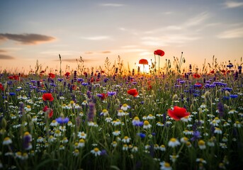 Wildflower meadow at sunset with poppies and daisies