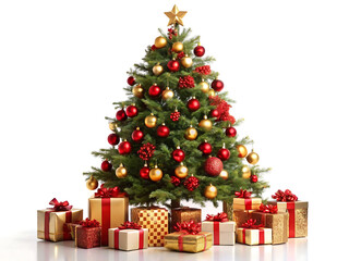 Obraz premium Beautiful christmas tree decorated with red and gold ornaments and presents isolated on white background