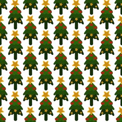 Festive seamless pattern of Christmas trees with golden stars and red bows. Hand drawn doodle christmas tree pattern background with doodle style. Christmas tree pattern background with kawaii design.