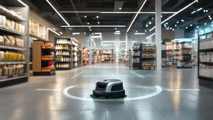 Robot vacuum cleaner in a supermarket aisle