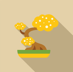 Small bonsai tree with yellow leaves growing in a decorative pot, casting a long shadow