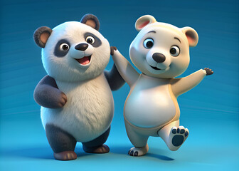 Adorable Panda and Polar Bear Cartoon Friends. A 3D Rendered Digital Artwork