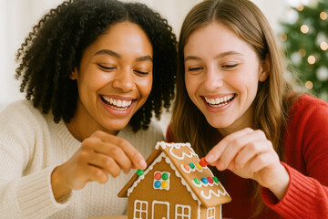 Two friends joyfully decorating a gingerbread house together for the festive holiday season