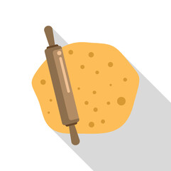 Wooden rolling pin lying on fresh dough, baking concept, preparing homemade pastry, bakery equipment