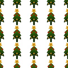 Christmas tree and star seamless pattern with festive red bows and golden accents. Hand drawn doodle christmas tree pattern background with doodle style. Seamless pattern with christmas tree and star.