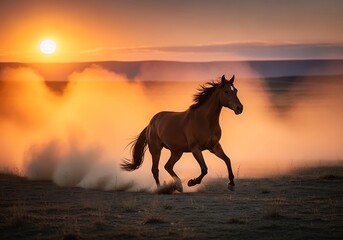 Horse running through dust at sunset