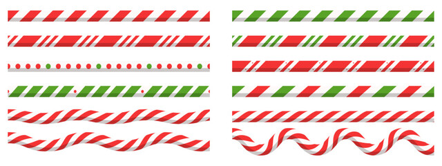 Xmas candy cane line borders. Red and white striped pattern for banners, dividers in lollipop style.