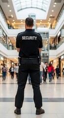 Fototapeta premium A security guard stands vigilant in a bustling shopping mall, observing the crowd, ensuring a safe environment.