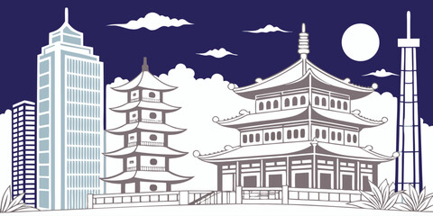 Fototapeta premium Paper Art Cityscape of Bangkok with Temples and Modern Buildings.