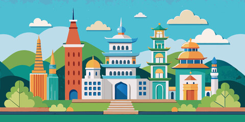 Fototapeta premium Paper Art Cityscape of Bangkok with Temples and Modern Buildings.