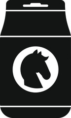 Black and white vector illustration of a horse feed bag promoting balanced equine nutrition
