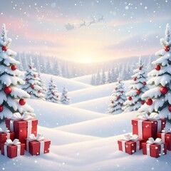 Snowy Christmas Landscape Background with Gift Boxes and Decorated Trees
