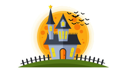 Spooky House in Halloween: A cartoon image depicts a haunted house with bats flying in front of a bright orange moon. The spooky image captures the essence of Halloween. 