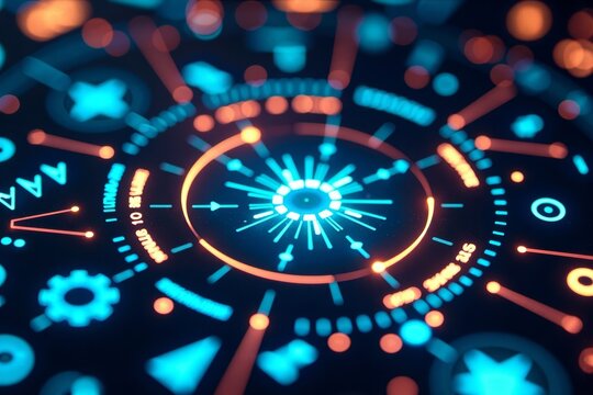 Neon-lit holographic dashboard with futuristic 3D effects showcasing live data analytics