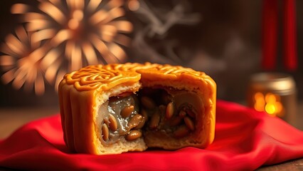Steaming mooncake with golden crust on crimson silk, reflecting festive fireworks for China National Day.