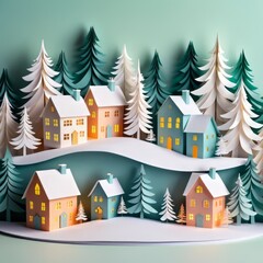 Fototapeta premium Winter village dreamscape with moonlit paper houses