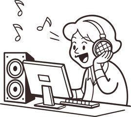 Happy Woman Listening to Music on Computer with Headphones and Speakers – Vector Illustration