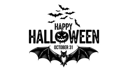 Halloween Celebration with Bats and Pumpkin: A spooky Halloween illustration featuring bats silhouette and a carved pumpkin, a perfect design for festive events.