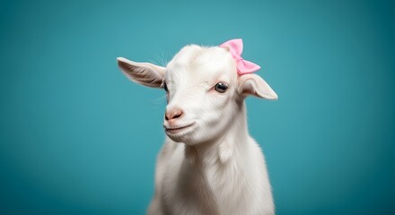 Obraz premium A cute young white goat with a pink bow on its head, looking to the side against a teal blue background, studio portrait