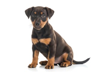 Obraz premium Alert Miniature Pinscher Puppy Sitting on White Background.