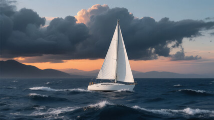Obraz premium Sailboat on the Sea in a Storm at Sunset, Challenge and Corporate Spirit Background
