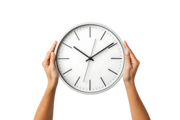 hands holding wall round clock modern collage time design concept