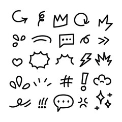Hand-Drawn Doodle Comic Icons Pack – Speech Bubbles, Symbols, Emotions, Shapes and Decorative Elements Vector Set
