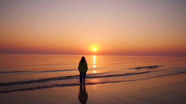 Beautiful sunset and teenager girl at the beach in Mandvi beach, Gujarat, India. Silhouette of a tourist woman on the beach at sunset. Summer vacation background with copy space.
