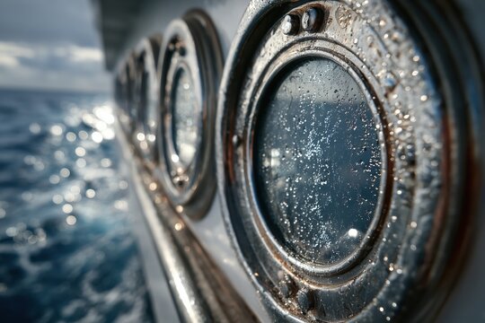 Closeup Of Metal Boat Portholes With Water Droplets - Powered by Adobe