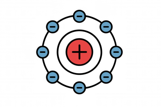 Atom model showing electrons orbiting a nucleus with a positive charge, representing scientific concept