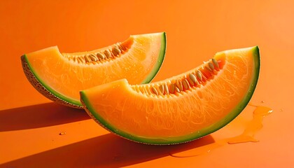 Two juicy melon slices on orange backdrop
