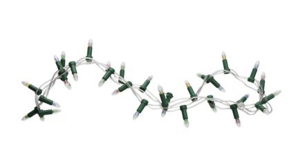 A strand of white christmas lights with green wire coiled and curved in a decorative pattern isolated on transparent background