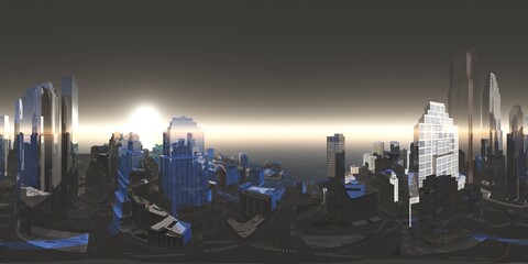 Panorama of the city. Environment map. HDRI map. equidistant projection. Spherical panorama.
3D rendering