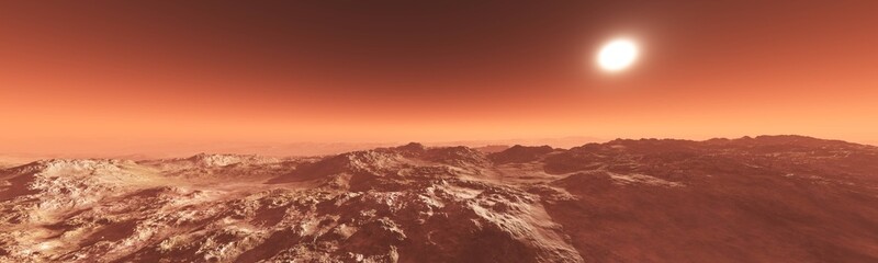 Panorama of Mars at sunset, sunrise above the surface of Mars, Martian landscape, 3d rendering