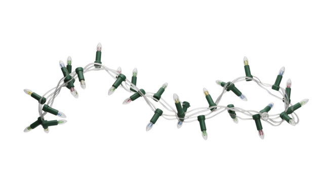 A strand of white christmas lights with green wire coiled and curved in a decorative pattern isolated on transparent background
