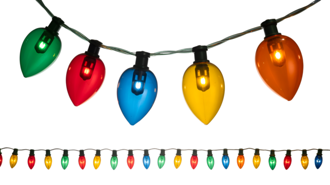 A string of large colorful c7 christmas lights in green red blue yellow and orange hanging on a wire isolated on transparent background